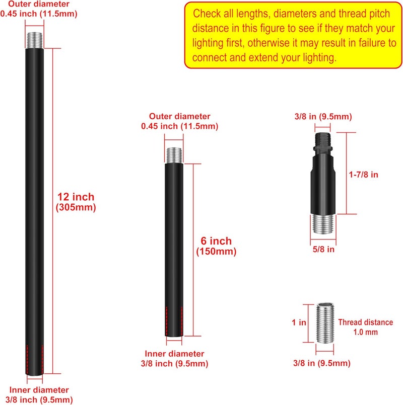 MAYOMAJO 8 Pieces M10 Threaded Extension Poles Lighting Fixture Downrods Stems & 180 Degrees Sloped Ceiling Adapter Kits for Pendant Light, Island Lighting, Chandeliers (Black) - Image 2